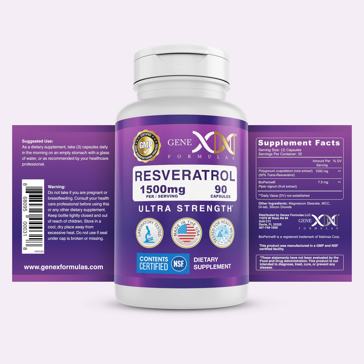 Genex Formulas Resveratrol 1500 mg Supplement for Healthy Aging – NSF Certified for Safety, Quality & Label Accuracy – Potent Antioxidant & Healthy Aging Formula - Gluten Free 90 Count