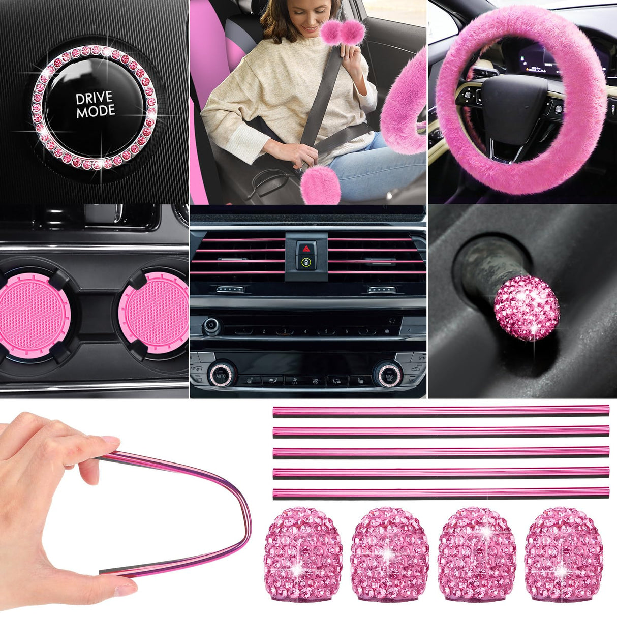 ROCEEI 43 Pcs Car Seat Cover Full Set Fuzzy Car Accessories for Women Christmas Front Rear Cover Fluffy Steering Wheel Cover Belt Handbrake Shift Cover(Pink, Gray, Black)