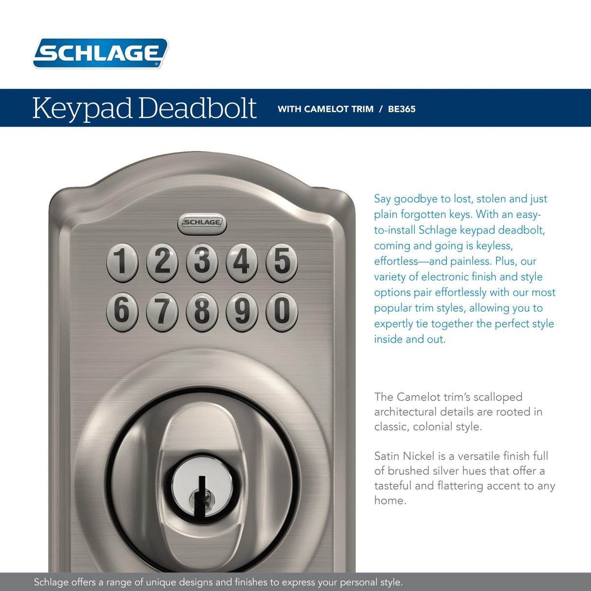 Schlage Camelot Electronic Keypad Deadbolt Lock, Keyless Front Door Entry, Mechanical Key Backup Included, Antique Brass, BE365 CAM 609