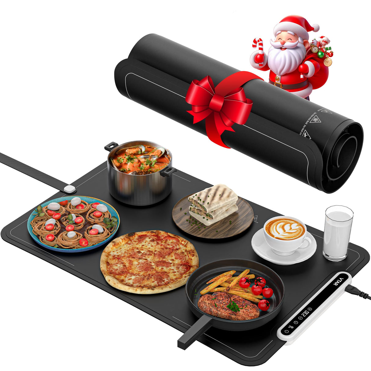 VTAR Electric Food Warming Mat with 8-Level Temp & 24H Timer | Rollable Buffet Tray Warmer for Party, Even Heating with Dual NTC, Auto Shut Off- Black