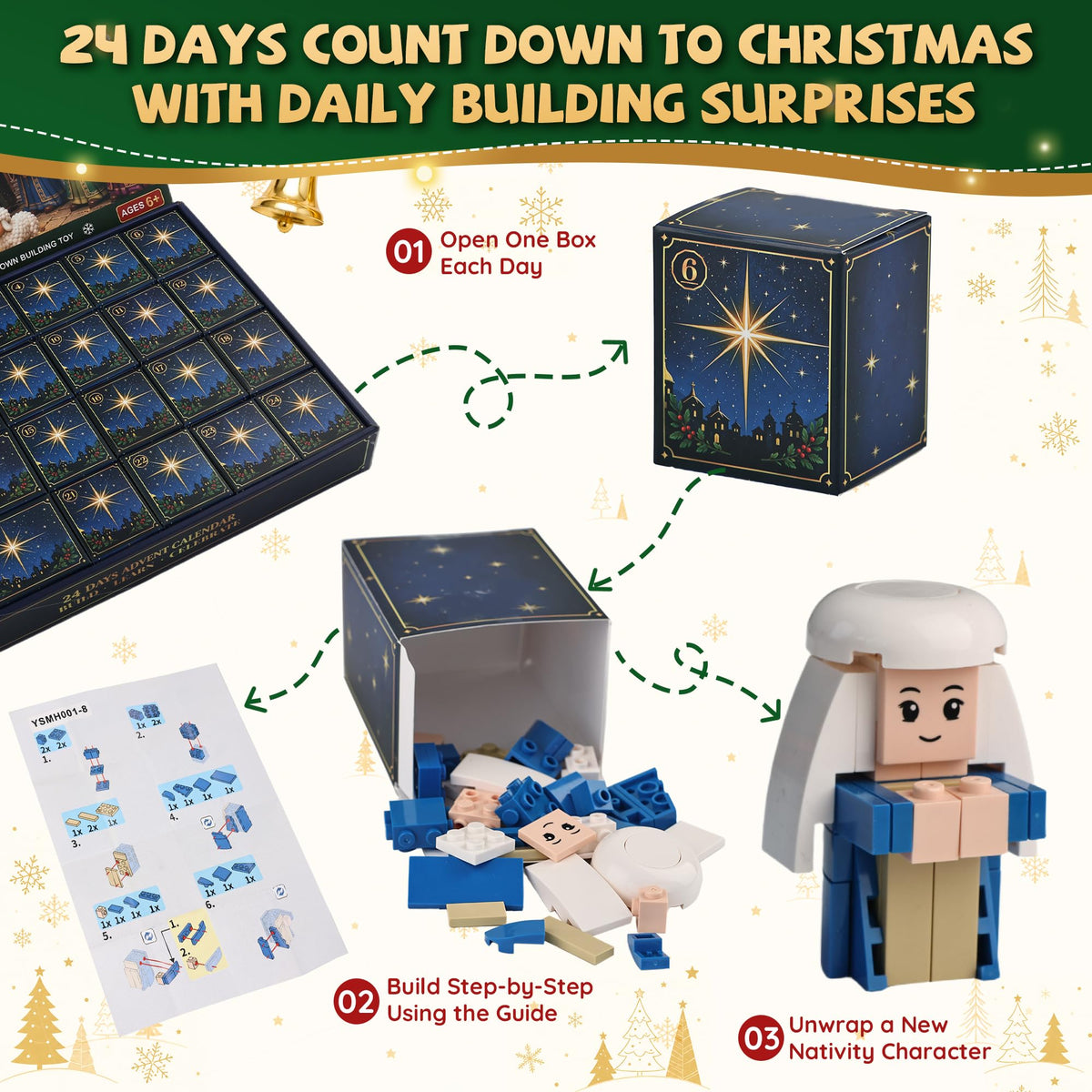 Nativity Advent Calendar 2026 for Kids, 24-Day Christmas Building Block Set