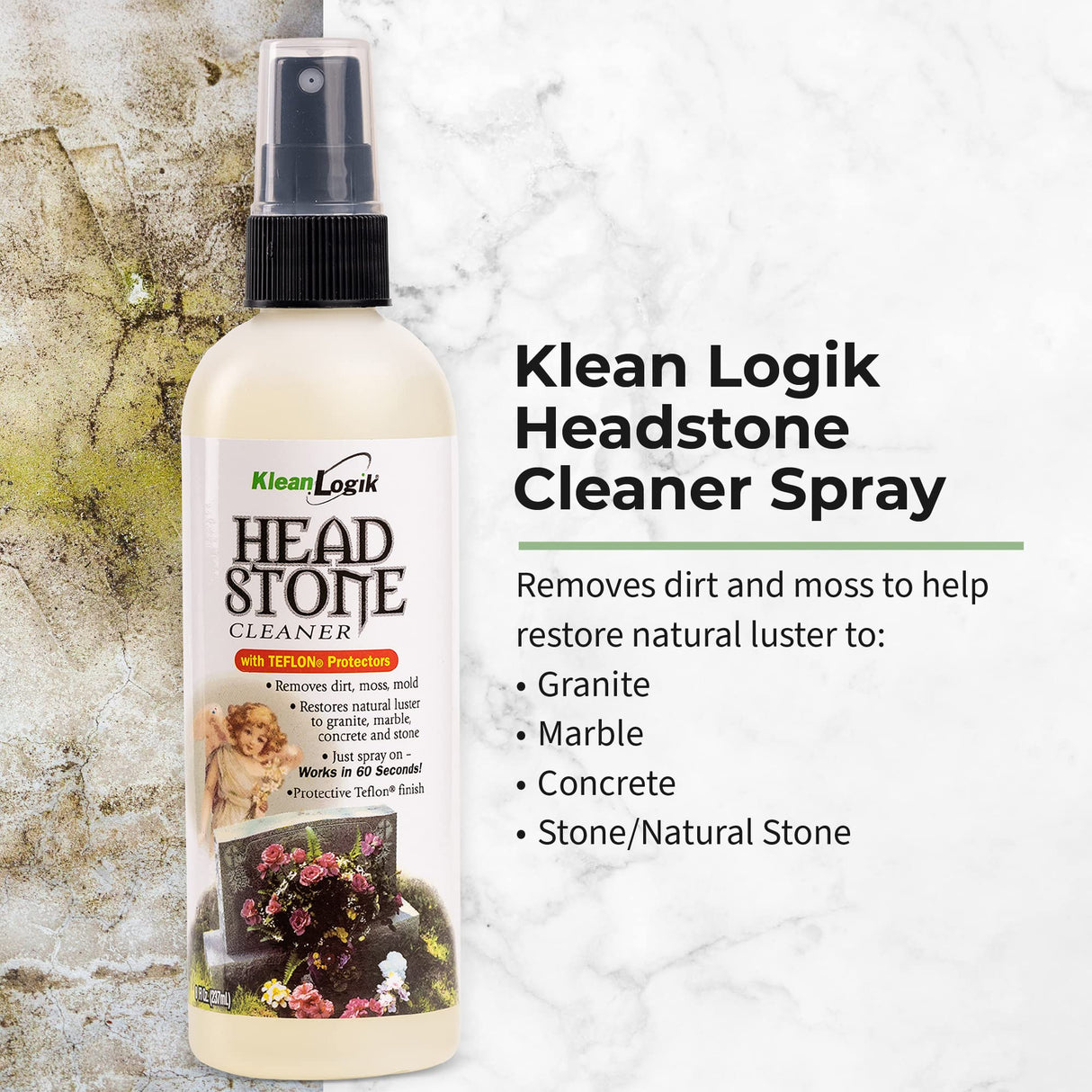 KleanLogik Headstone Cleaner For Graves & Memorials, Tombstone Cleaner Solution Removes Dirt & Plant Growth To Restore Natural Luster To Granite, Marble, Slate, Concrete, Limestone & Stone, 8 Fl Oz