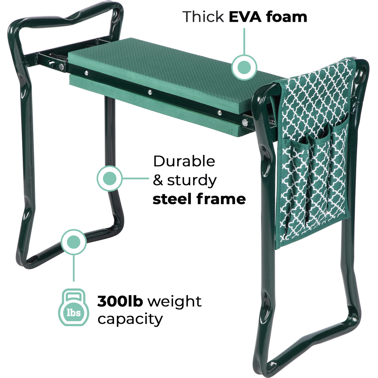Garden Kneeler And Seat - Protects Your Knees, Clothes From Dirt & Grass Stains - Foldable Stool For Ease Of Storage - EVA Foam Pad - Sturdy and Lightweight - Bench Comes With A Free Tool Pouch!