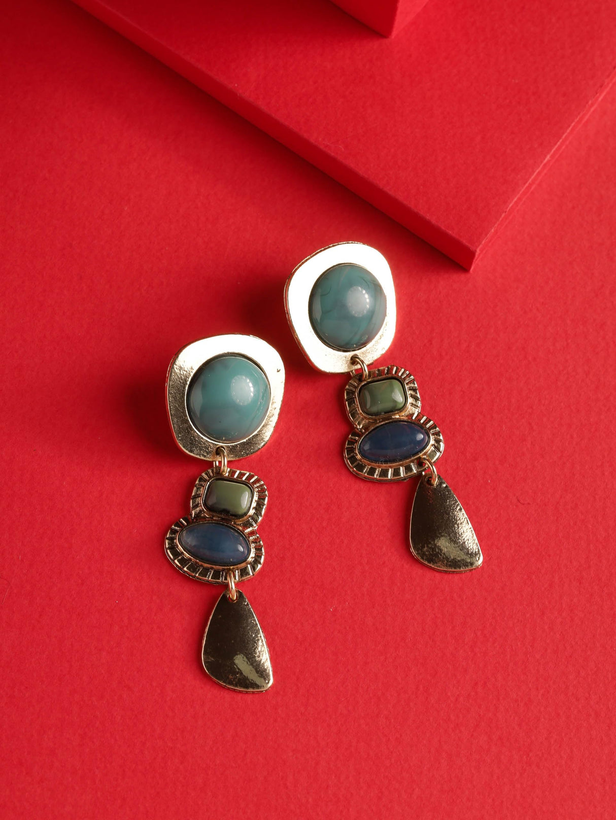 MINACHI Boho Teal Blue Color Block Gold-Tone Drop Earrings