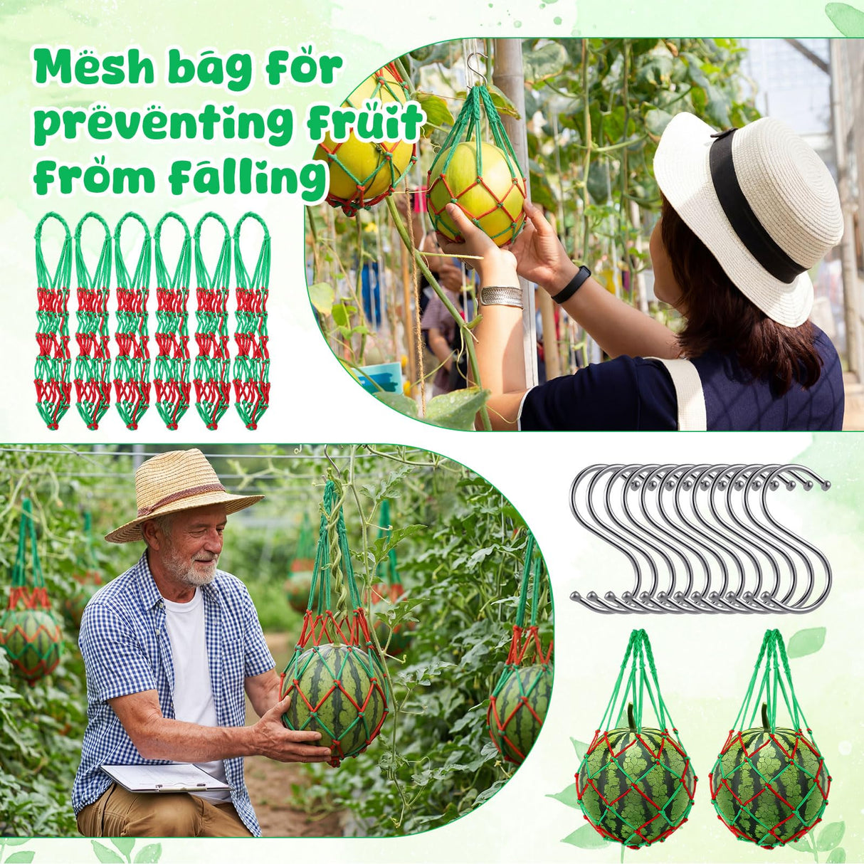 Irenare 15 Pack Melon Hammocks Cradles with S Hanging Hooks Heavy Duty Watermelon Hammock Net to Prevent Falling for Growing Cantaloupe Pumpkin Watermelon in Vertical Garden (Red,Green)