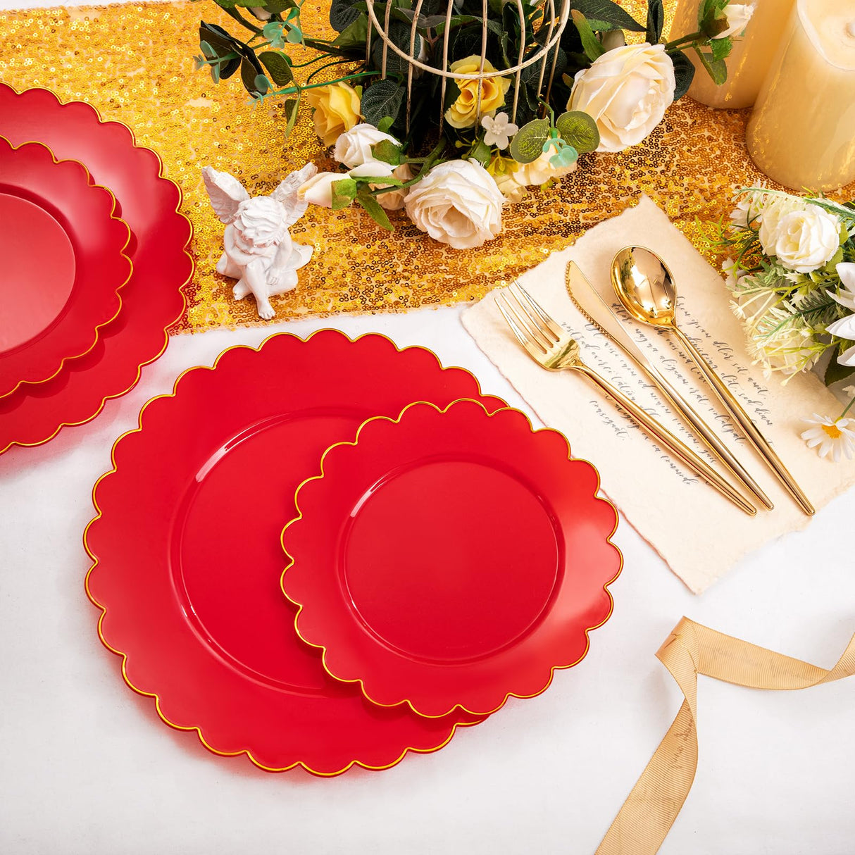 LIYH 60 Pcs Red Scalloped Plastic Christmas Plates with Gold Edge - Red Disposable Plates with Gold Rim Includes 30 Dessert & 30 Dinner Plate Dishes Tableware for Party Christmas Day