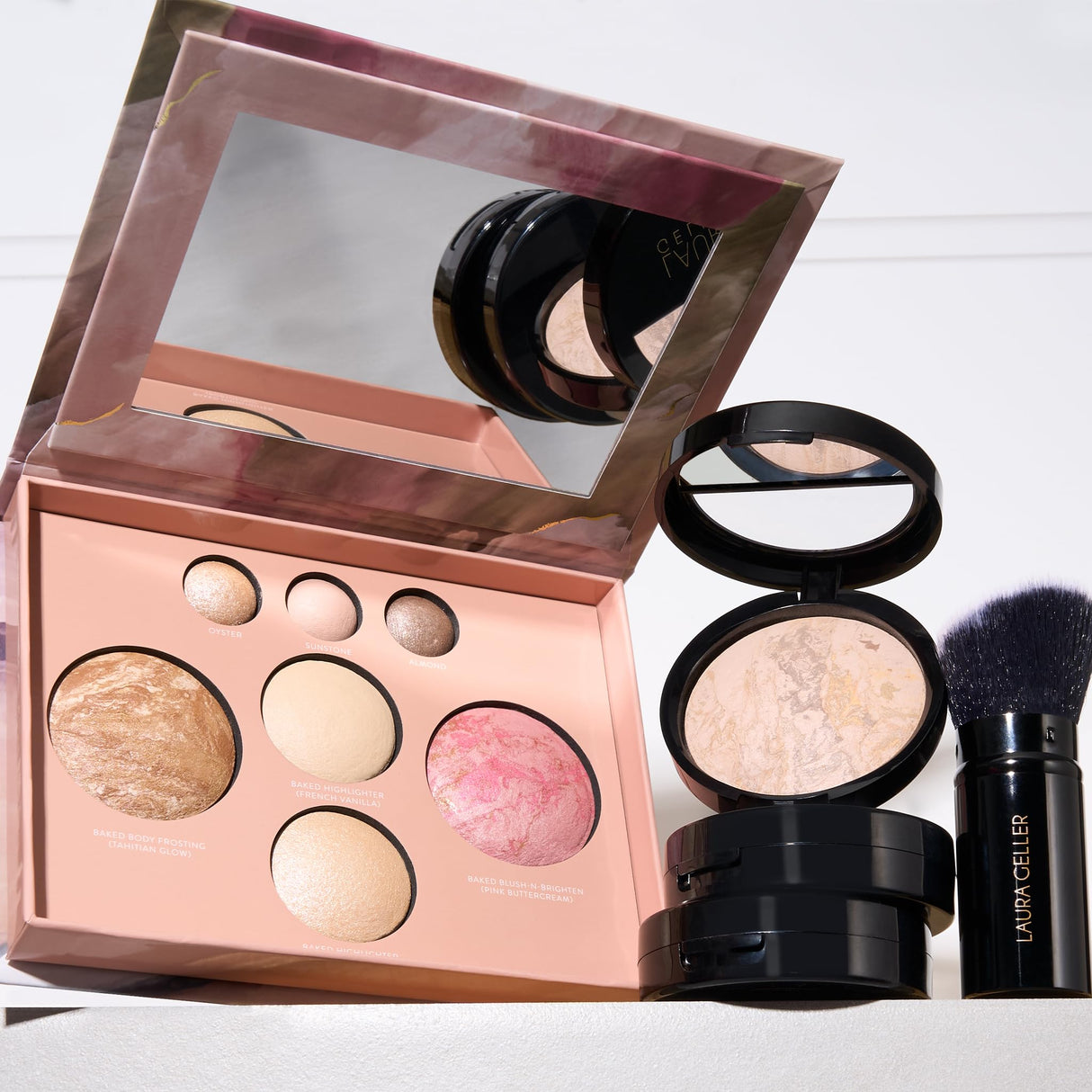LAURA GELLER NEW YORK Baked Starter Kit: Medium - Best of the Best Full Face Palette + Baked Balance-n-Brighten Powder Foundation + Retractable Angled Kabuki Brush Set