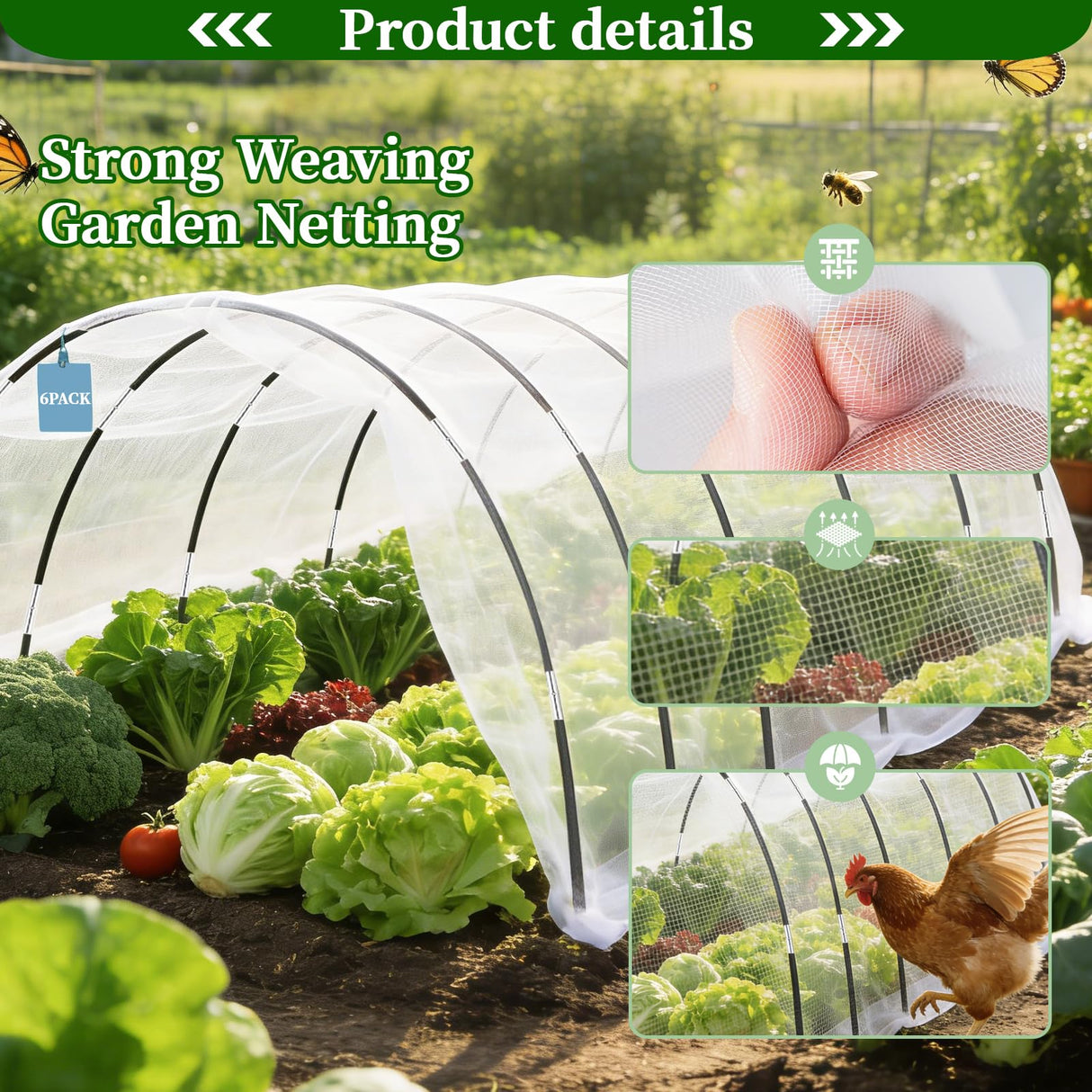6 Sets of Garden Netting Kit for Raised Beds 10 x 33 FT Strong Mesh Netting