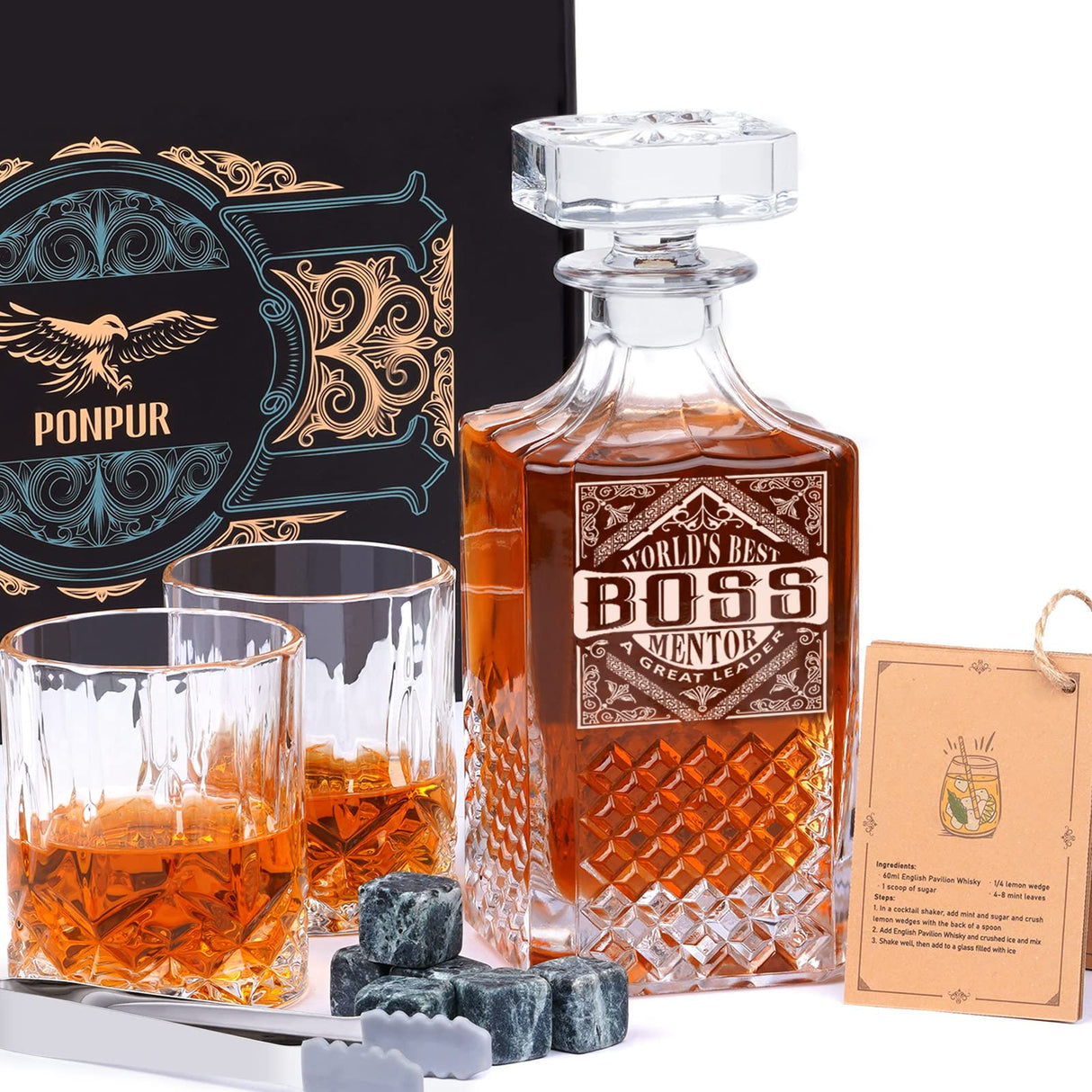 PONPUR Boss Gifts for Men, Decanter Set with Stones & Glasses, Best Boss Day Birthday Gift, Office Farewell Gifts for Boss, Mentor, Manager, Leader, Unique Stocking Stuffers Christmas Presents