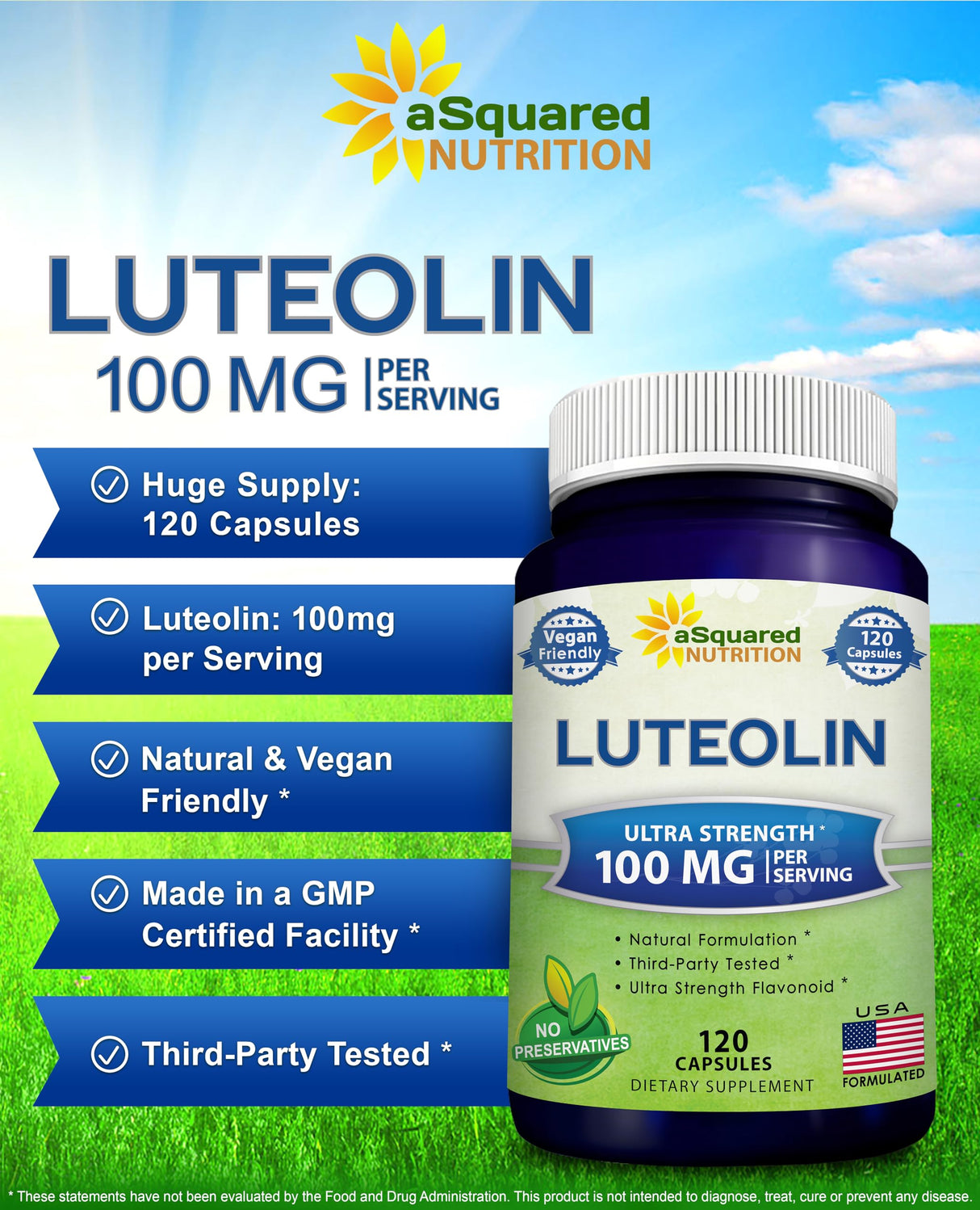 Luteolin 100mg - 120 Capsules - Luteolin Supplement & Powder Complex Pills Commonly Taken with Quercetin - Supports Brain & Memory Health
