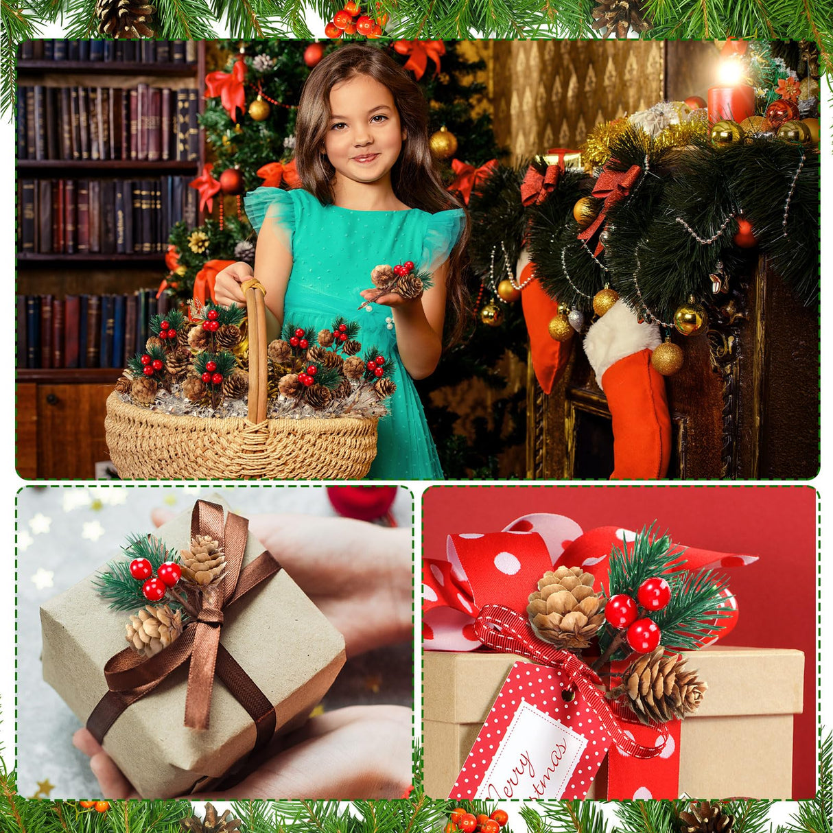 48 Pcs Christmas Picks and Sprays Christmas Tree Floral Picks Holly Red Berry Stem Spray Greenery for Craft Artificial Faux Pine Branches Pine Cones Branches for Tree Home Decor Garland Wreath (Cute)