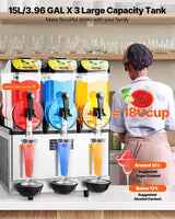 VEVOR Commercial Slushy Machine, 15Lx3 Triple Tank Margarita Machine, 180 Cups Stainless Steel Margarita Smoothie Frozen Drink Machine, Slushie Machine for Party Restaurants Cafe Bars