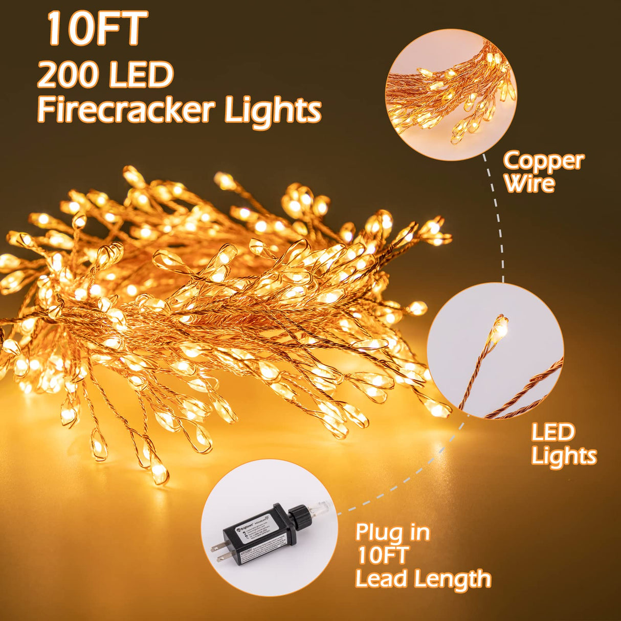 Fairy Lights Plug in, 10Ft 200LED Firecracker Firefly Lights, 8 Lighting Modes, Waterproof Copper Wire Cluster String Lights for Ceiling Bedroom Window Christmas Tree Decoration, Warm White