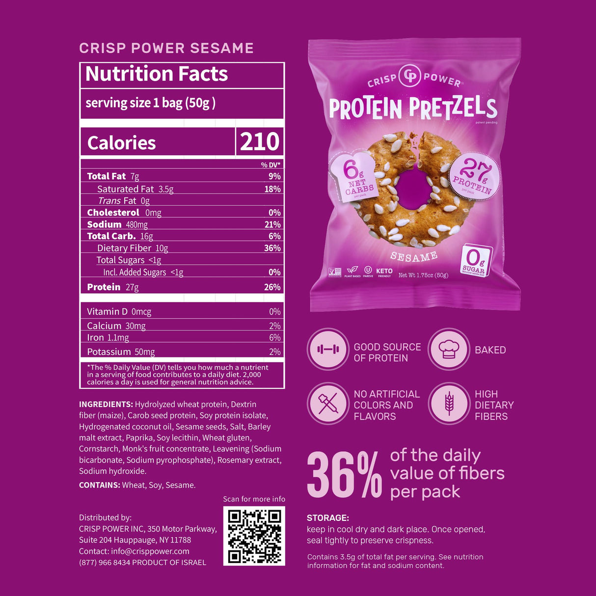 Crisp Power Protein Pretzels, Sesame, High Protein Vegan Keto Snack, 27 G Plant Based Protein, Low Carb Crunchy Pretzel Snacks, Sugar Free, No Seed Oils, 1.75 oz Bags, 6 Pack