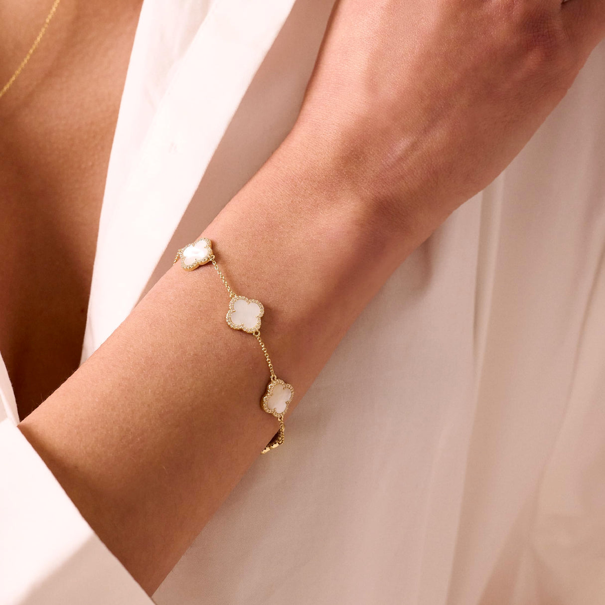 Electric Picks Icon Bracelet for Women, White Mother of Pearl Clover on 14k Gold Plated Chain Bracelet, Adjustable 6"–7.5", Stackable Everyday Jewelry, Minimalist White Bracelet Gift