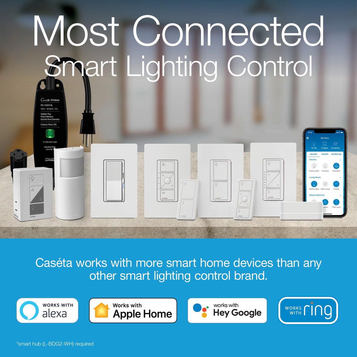 Lutron Diva Smart Dimmer Light Switch with Wallplate for Caseta Lighting (Lutron Smart Hub Required), for LED Lights, 150W, Single-Pole/3-Way, No Neutral, White (DVRFW-6L-WH-A)