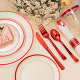 BESTSTAR 350PCS Clear and Red Disposable Plates Set for 50 Guests, 100 Plastic Plates, 50 Plastic Cups, 50 Pre-Rolled Napkins with Cutlery for Party, Christmas, Thanksgiving, Birthday, Halloween