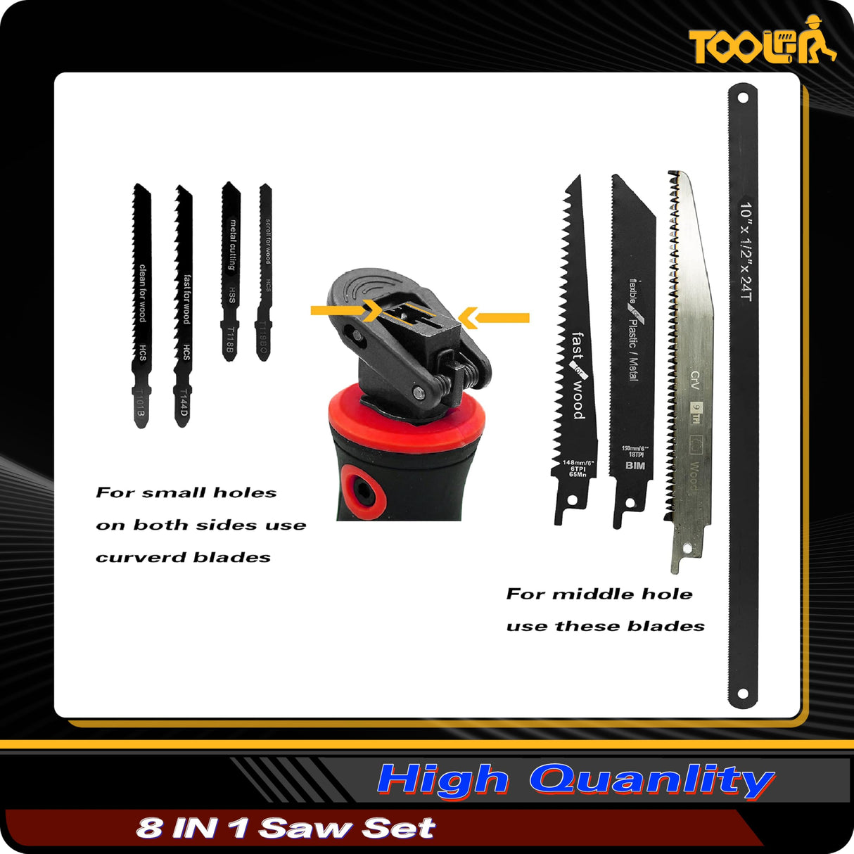 8-In-1 Multi Blades Hand Saw, Drywall Cutter. Hacksaw. Long Blade, Jab Saw, For Cutting Drywall, Sheetrock, Wood, Metel, Plastic, Plywood. Blade Quick Change Mechanism. Red Handle.
