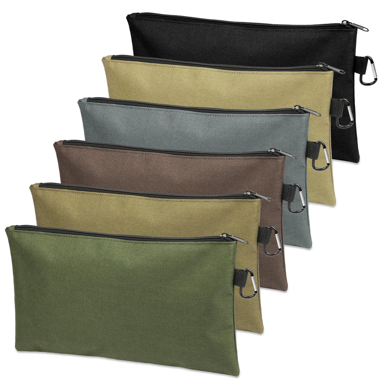 COIDEA Tool Bag Zipper Pouch, Premium Tool Pouch, Utility Multipurpose Storage Organizer Tool Pouches with Carabiner Metal Zipper for Tools (6 Pack, Tan, Navy Green, Black, Light Brown, Grey, Mocha)