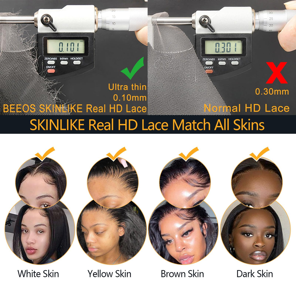 BEEOS 2x6 Skinlike Real HD Lace Closure, Straight Human Hair Pre-Plucked Single Knots 0.10mm Ultra-thin Invisible HD Lace 20 Inch
