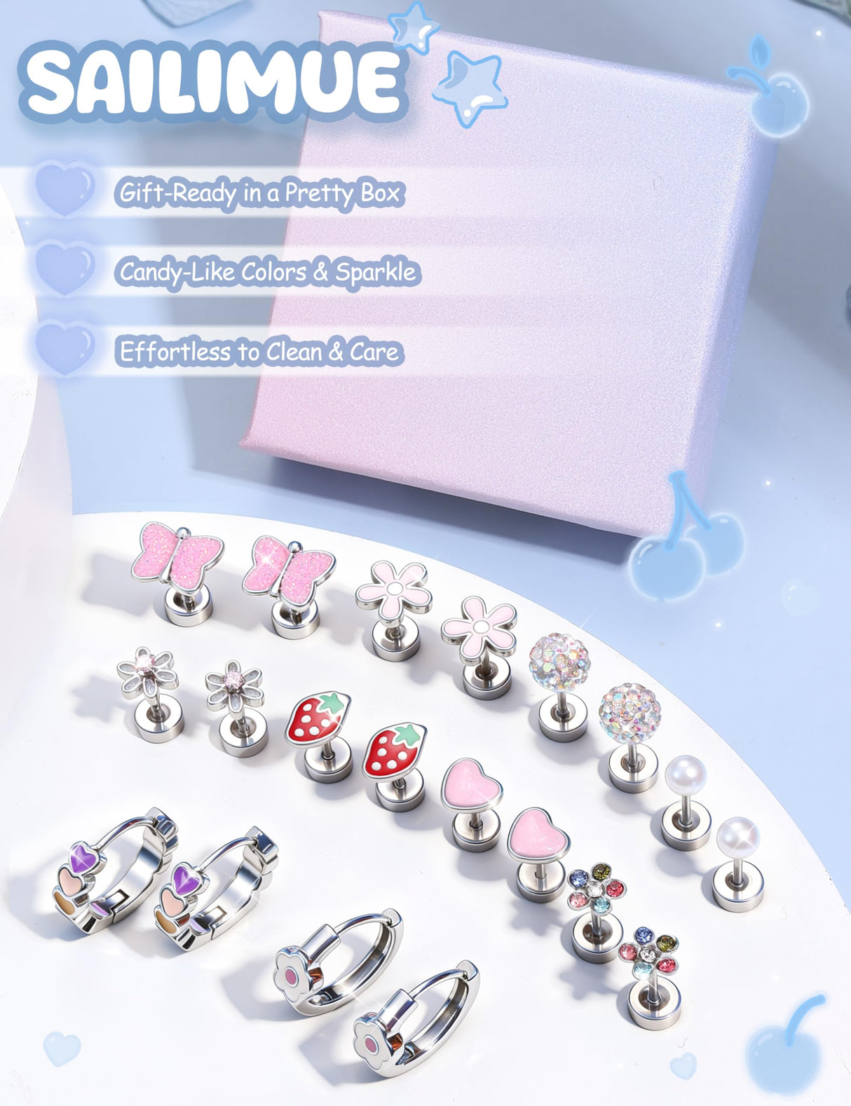 SAILIMUE Hypoallergenic Flat Back Earrings for Girls Kids Toddler Women
