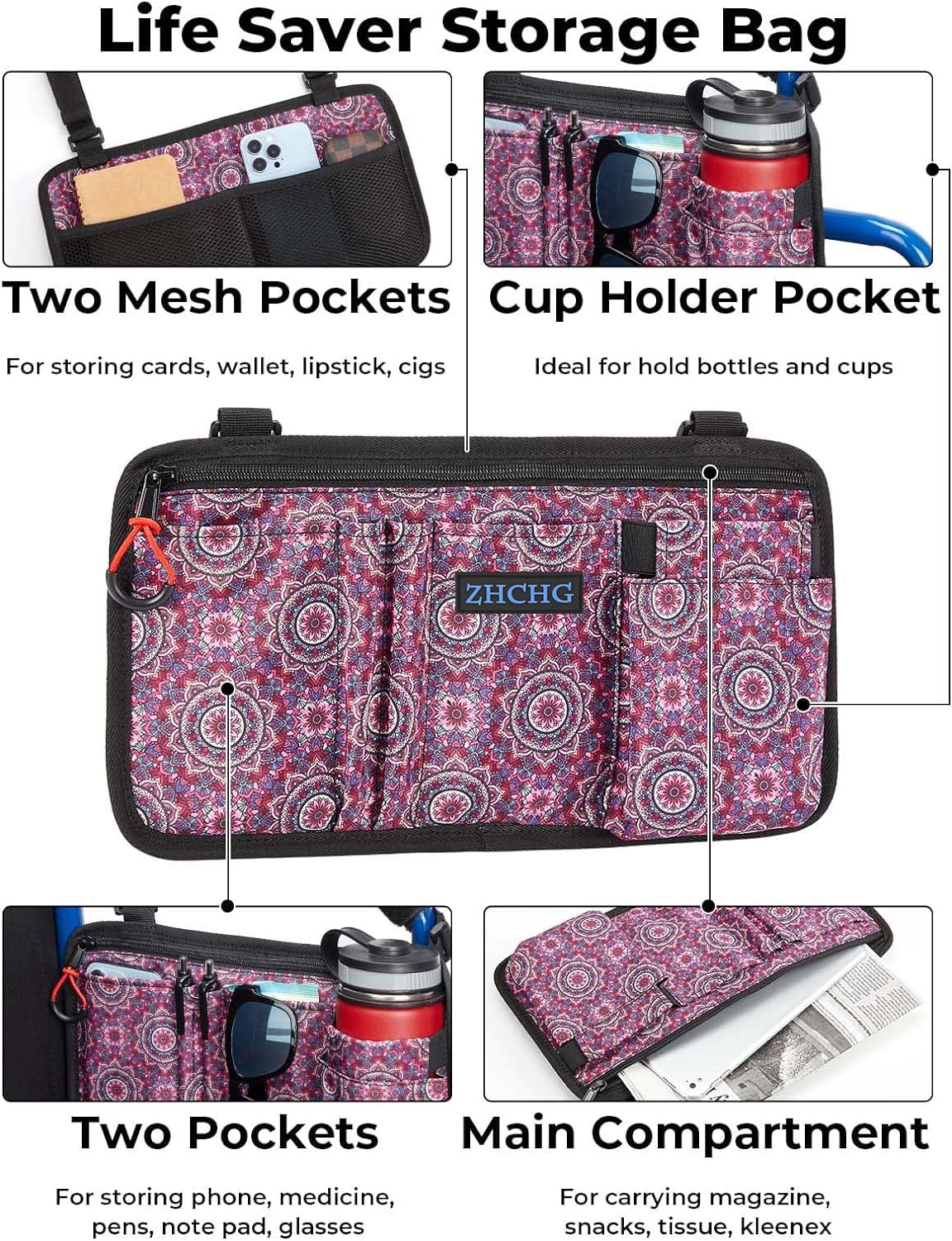 ZHCHG Wheelchair Side Bag with Cup Holder, Wheelchair Armrest Pouch Accessories for Walker, Rollator, Electric Scooter Wheelchairs, Ideal Gift for Mother's Day & Father's Day