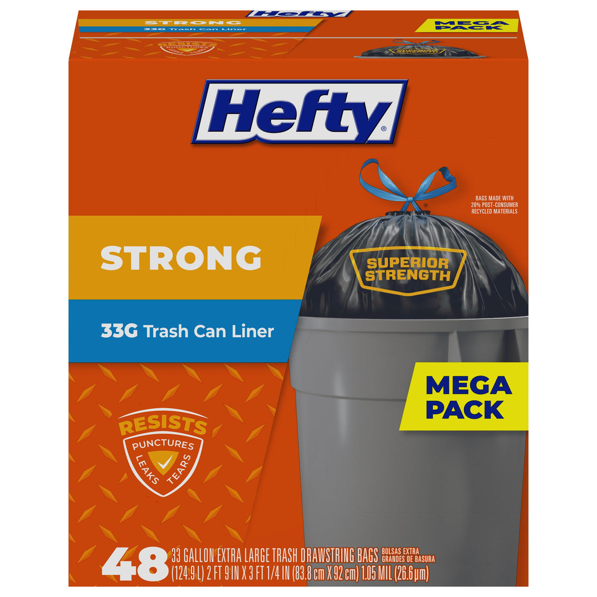 Hefty Strong Extra Large Trash Bags, Black, 33 Gallon, 48 Count