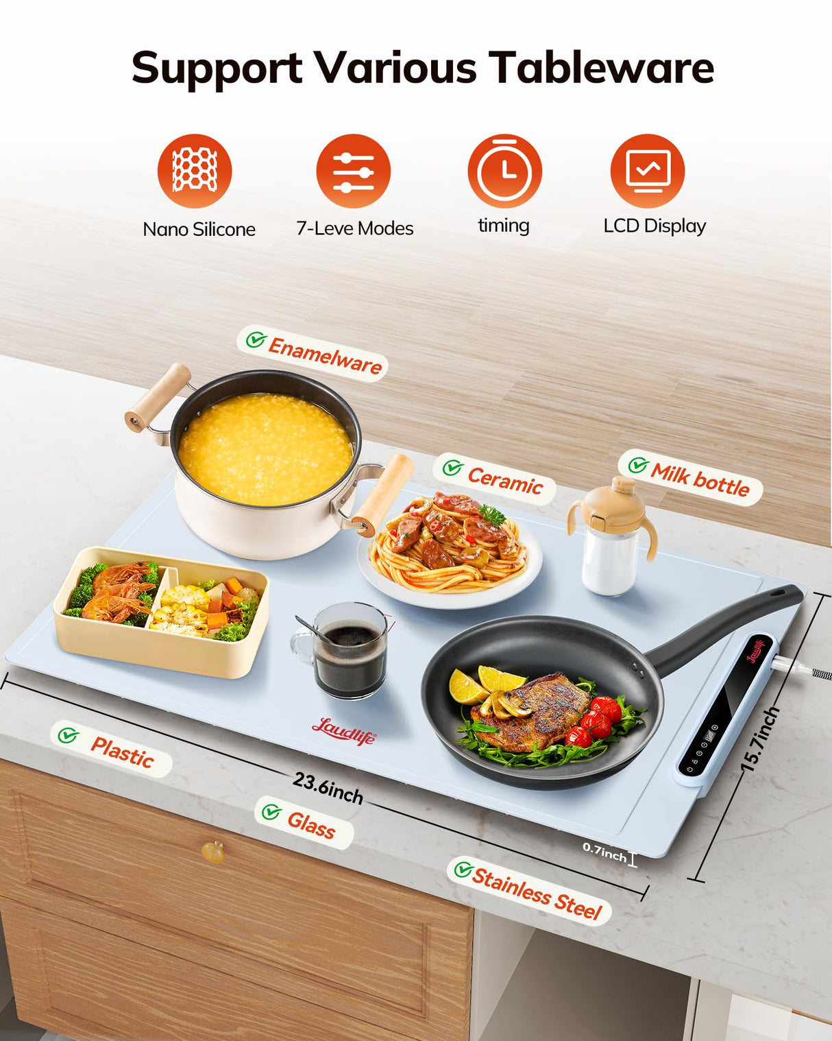 Laudlife Electric Warming Mat for Food, Roll-Up Silicone Heating Pad with 7 Adjustable Tempmaster Levels, Foldable Warming Tray for Countertop,Buffet Party, Kitchen & Home, Child Lock, Light Blue
