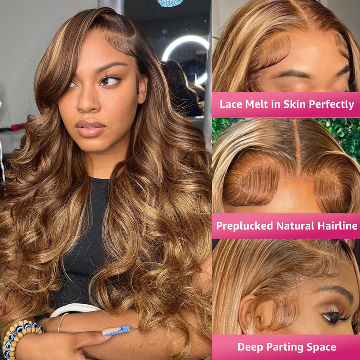 30 Inch Honey Blonde Ombre 13x6 Lace Front Wigs Human Hair 200% Density Highlight Body Wave HD Lace Front Wigs Human Hair Pre Plucked Glueless P4/27 Colored Honey Blonde Wig for Women