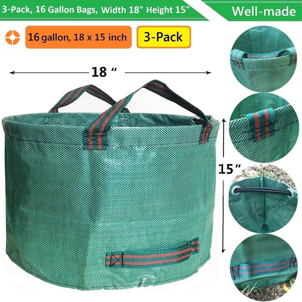 Standard 3-Pack 16 Gallons Yard Garden Bags (D18,H15 inch) W/Gardening Gloves, Reusable Leaf Bags,Grass Clippings,Lawn Debris Bag,Laundry Container,Patio Trash Bin,Yard Waste Bags,Weeds Bag 4 handles