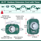 Feekoon 20 FT Outdoor Extension Cord with Timer 6 Outlets, 16AWG SJTW Heavy Duty Green Power Cord with Safety Cover Weatherproof Multiple Outlet Cable for Christmas Halloween Light Outdoor Decorations