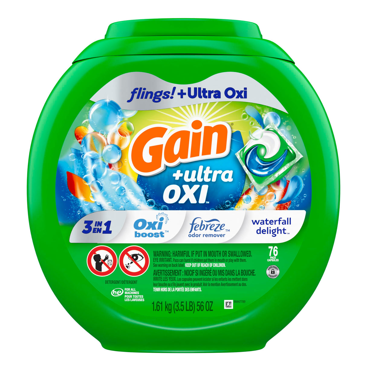 Gain flings Ultra Oxi Laundry Detergent Pacs 3-in-1 HE Compatible, Waterfall Delight Scent, 76 Count