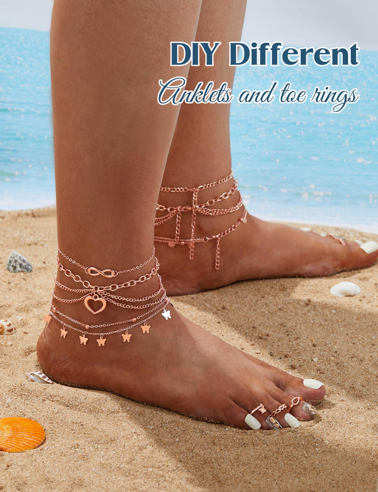 ORAZIO Toe Rings and Ankle Bracelets for Women Rose Gold Plated Anklet Toe Rings Cute Layered Anklets Open Tail Ring Adjustable Beach Foot Jewelry for Summer, Rose Gold