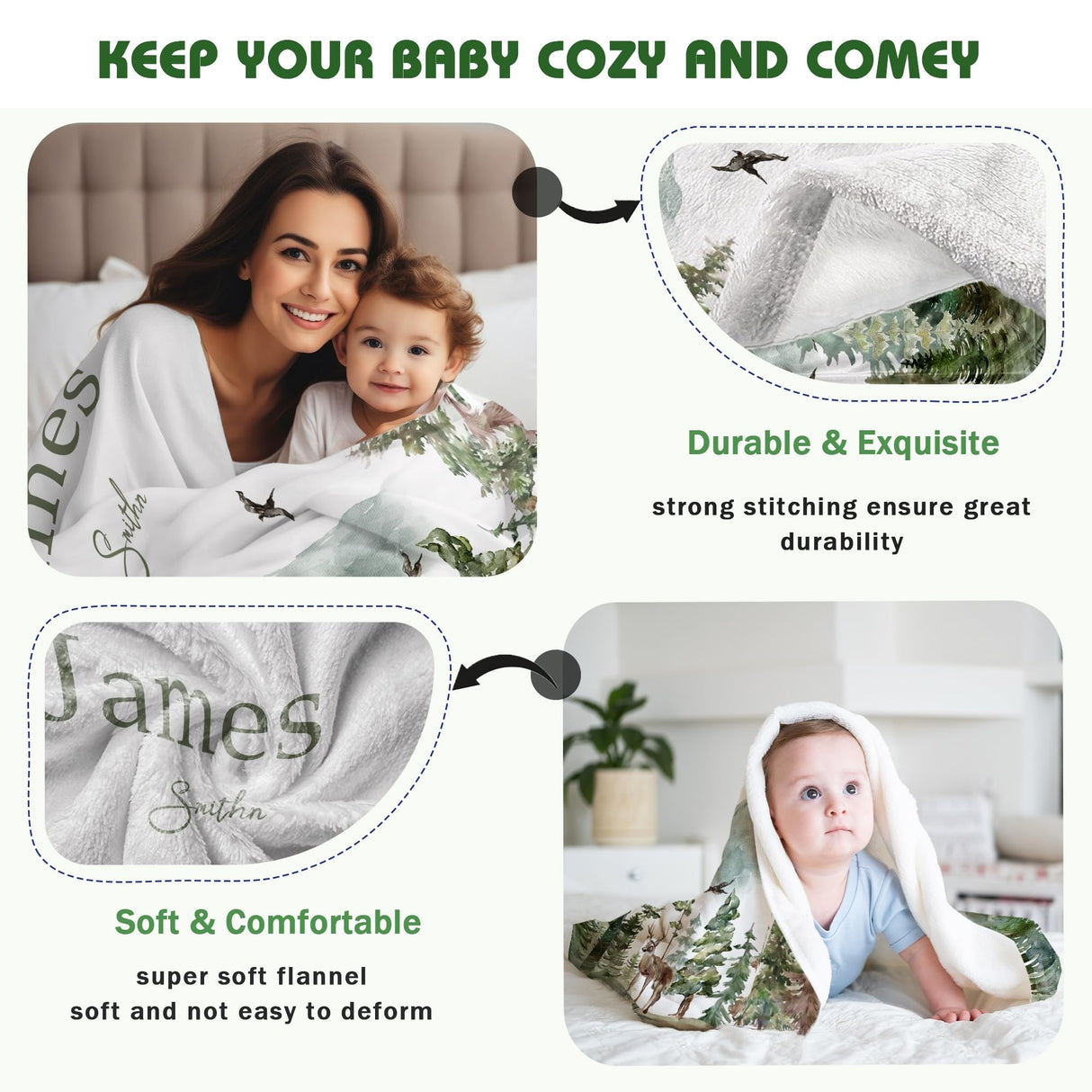 Edit Gift Personalized Woodland Baby Blanket with Name Custom Name Blanket for Boy Newborn Expect Mom Customized Gifts for Baby Shower Birthday Christmas