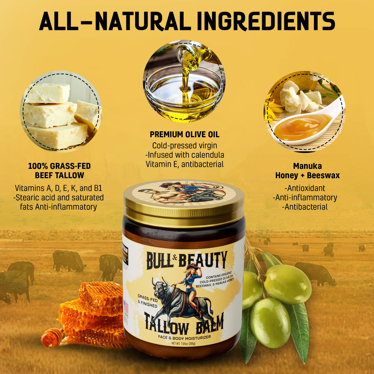 Bull & Beauty Organic Beef Tallow and Honey Balm 7.05oz Organic Beef Tallow for Skin - 100% Grass-Fed Unscented Beef Tallow Moisturizer for Skin & Face with Manuka Honey, Olive Oil & Beeswax