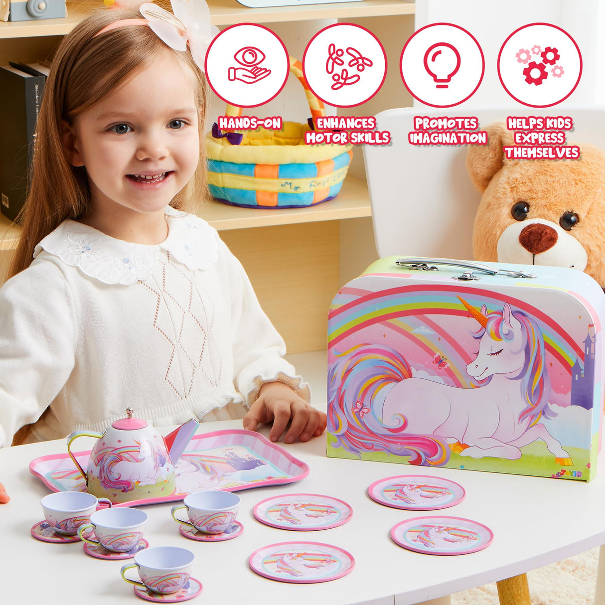 JOYIN Unicorn Tea Party Set for Little Girls, Pretend Pink Tin Teapot Set, Princess Tea Time Play Kitchen Toy with Teapot, Cup, Plate, Carrying Case for Kids Toddlers Age 3 4 5 6, Gift for Christmas
