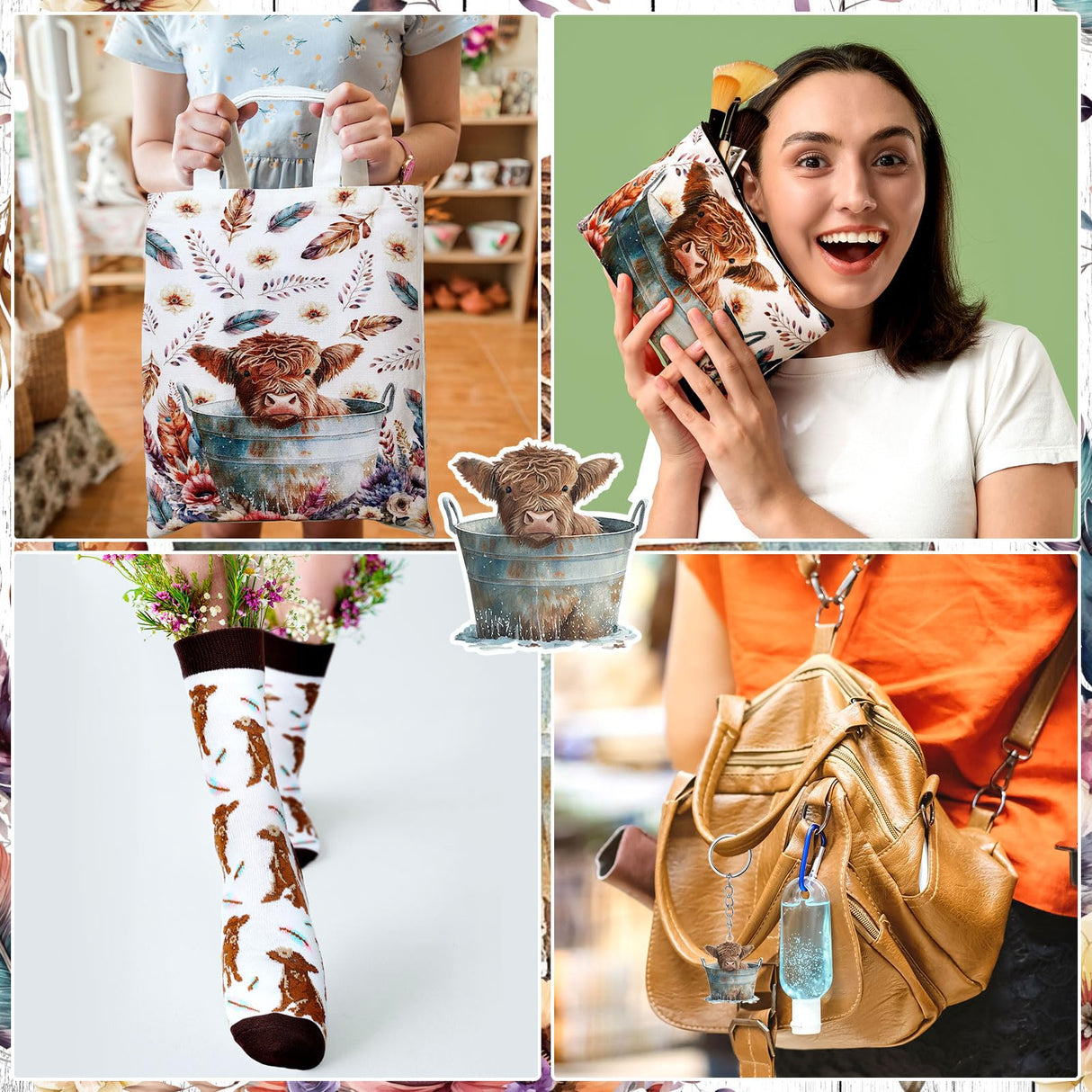 Tiangrid 6 Pcs Western Highland Cow Gifts for Women Include 20 oz Stainless Steel Tumbler with Lid Straw Cosmetic Bag Throw Blanket Keychain Socks Handbag for Highland Cow Lovers Birthday Christmas