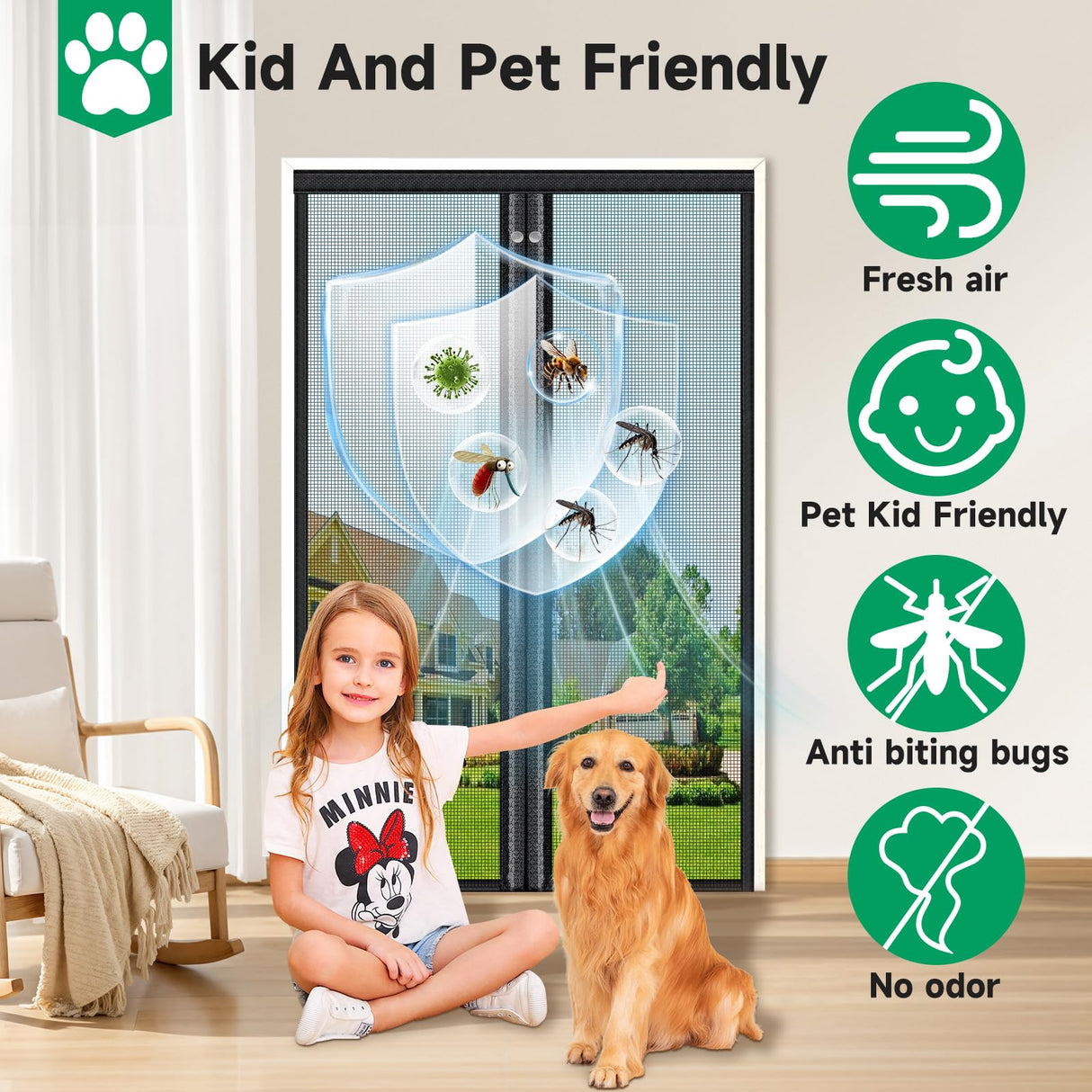 HOFUDON Upgraded Magnetic Screen Door, Heavy Duty Fiberglass Mesh, Quick Close Full Strip Magnets, Door Screen Magnetic Closure for Single Door Size 36 x 80 Inch, Screen Door Size 39 x 82 Inch Black