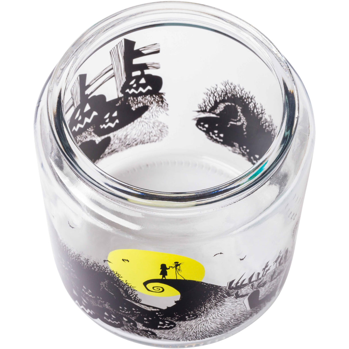 Silver Buffalo Disney Tim Burton Nightmare Before Christmas Moon Hill Graveyard Scene Jack Skellington and Sally Glass Cookie Snack Candy Jar with Lid (Small)