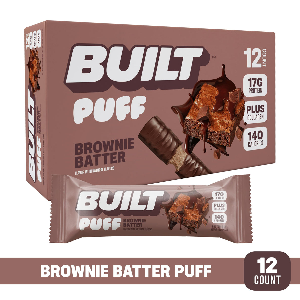 Built Bar, Puff Protein Bars, Brownie Batter Puff, 17g Protein Snacks, On-The-Go Bars, Only 140 Calories, 6g Sugar, Collagen, Gluten Free, 12 Count