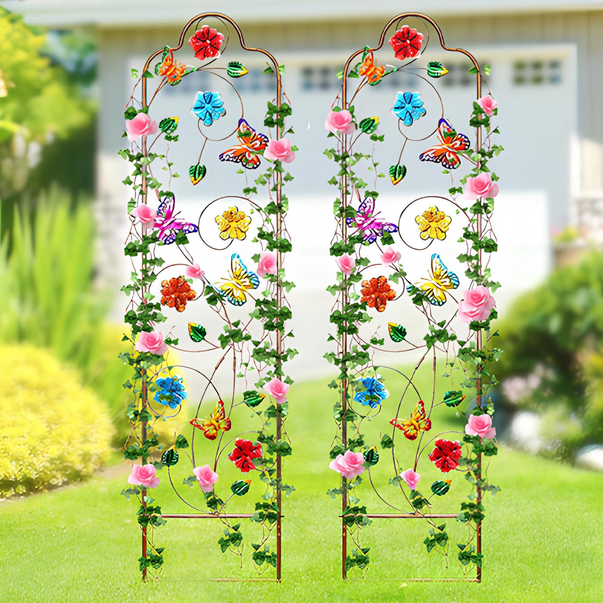 2 Pack Metal Garden Trellis Arched Fence Trellises for Climbing Plants Outdoor, Roses, Vines, Flowers, and Vegetables Support, 60'' H x 12'' W, Butterfly