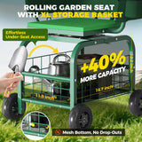Suntee Garden Seat with Wheels, Rolling Gardening Stool with 360° Swivel Seat & Backrest,Tool Storage Basket & Back Tool Pouch, Adjustable Handle, Outdoor Gardening Scooter, Garden Cart for Seniors