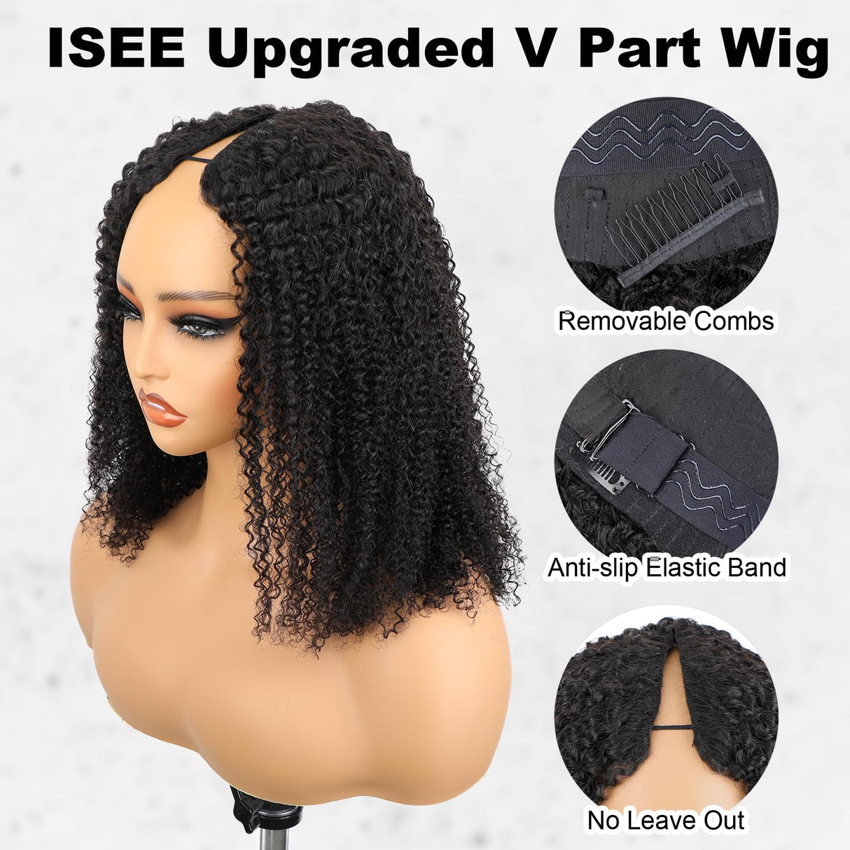 ISEE V Part Wig Human Hair Afro Curly Minimal/No Leave Out Upgrade U Part Wig for Black Women Human Hair V Shape Wig Kinky Curly Thin Part Glueless Clip In Half Wig 180% Density Natural Color 24 Inch