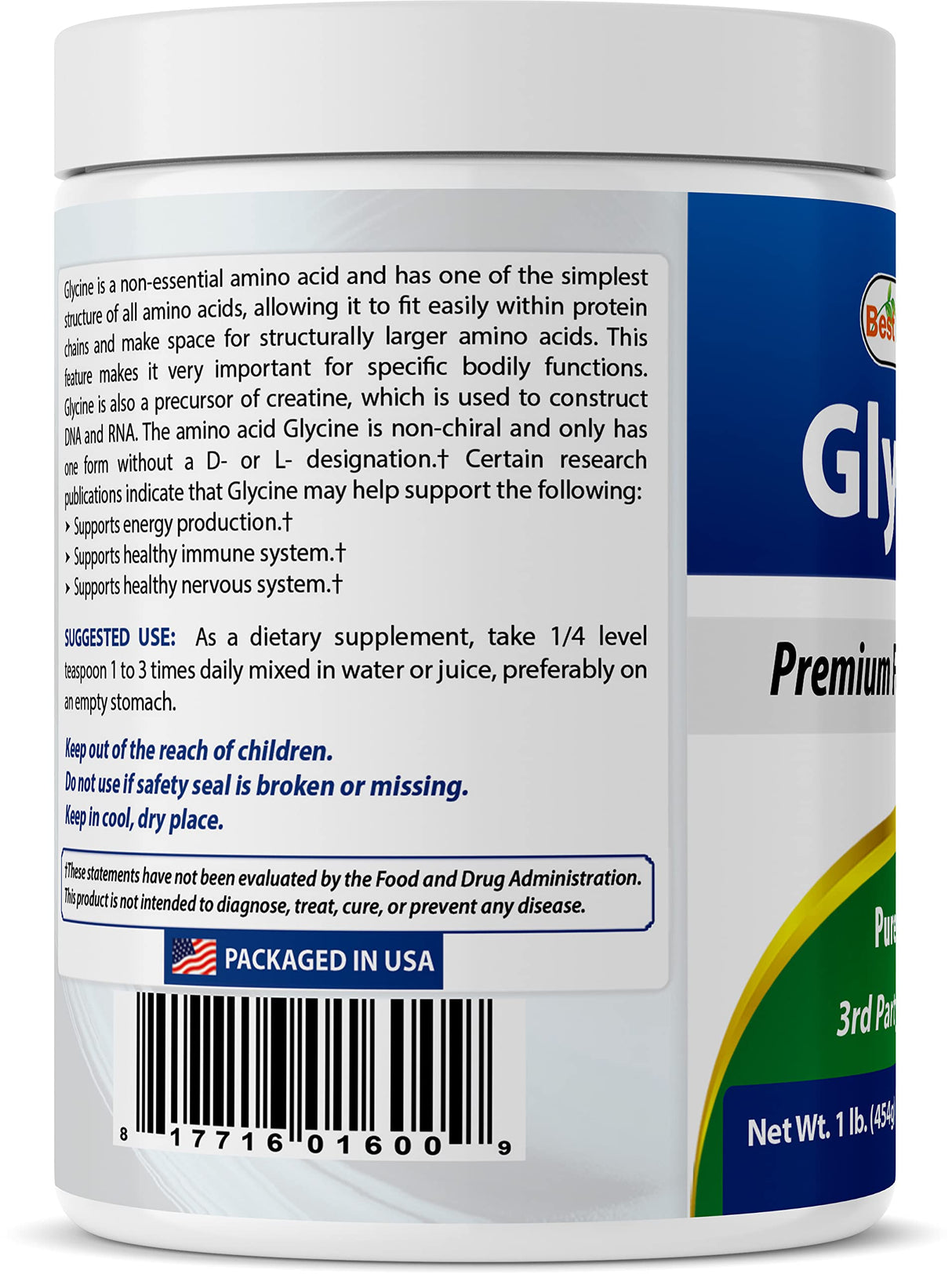 Best Naturals Glycine Powder 1 LB - Neurotransmitter & Relaxation Support