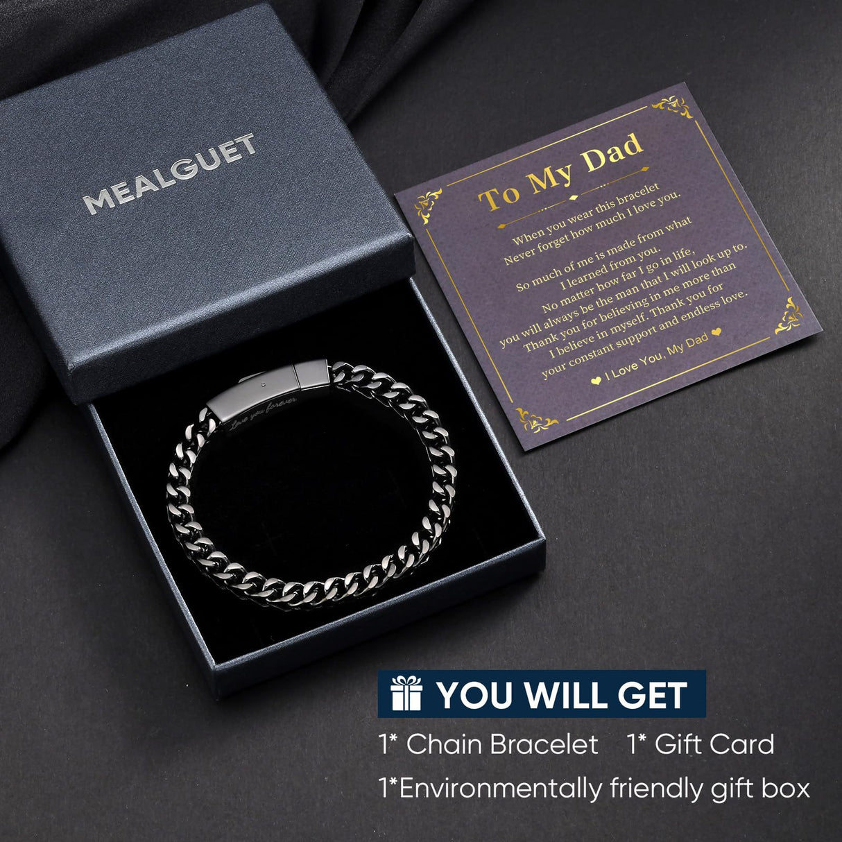 MEALGUET Black Chain Bracelets for Dad : To my Dad Stainless Steel Franco Chains Love you Forever Engraved Link Men's Bracelet to Daddy from Daughter Son, Sentimental Father's Day Birthday Gifts, M