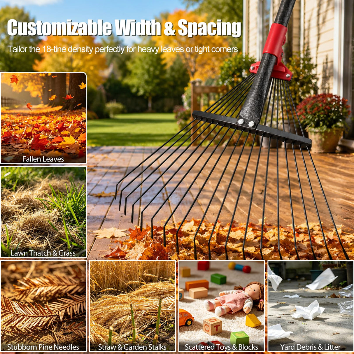 76Inch Adjustable Metal Leaf Rake, 18 Metal Tines Heavy Duty Leaves Rake for Lawns with 8-18" Expandable Head Long Handle Garden Rakes for Women Kids Leaves Yard Gardening Grass Outdoor Camping Debris