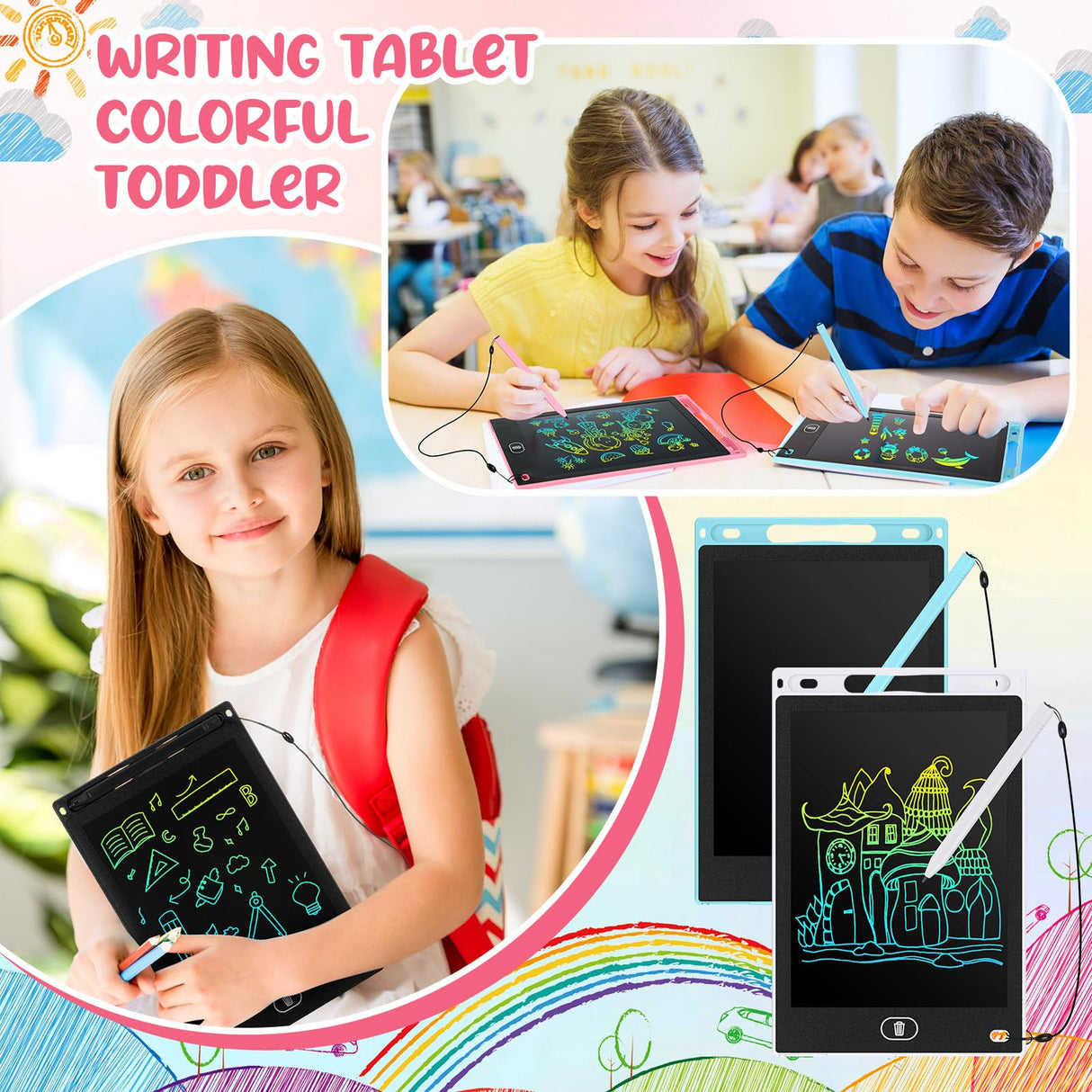 Tinlade 12 Pack LCD Writing Tablets for Kids, 8.5 Inch Erasable Doodle Boards Portable Electronic Drawing Pads, Learning Bulk Toys Gifts for Christmas School(Pink, Light Blue, White, Black)