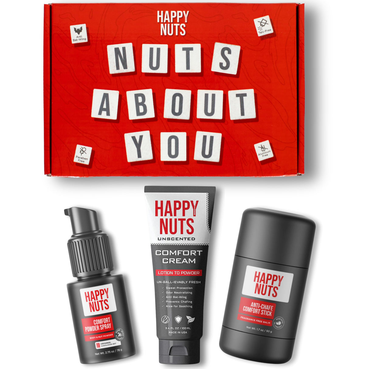 HAPPY NUTS - Nuts About You Anti Chafing Deodorant Essentials Bundle Kit - Gift Set for Men to Stay Fresh All Year Long