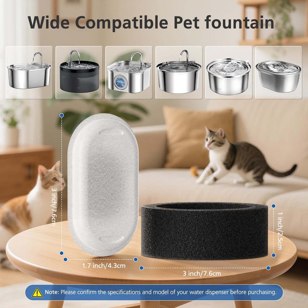 50 Pack Cat Water Fountain Filters for 108/3.2L& 67oz/2L& 4L/135oz Stainless Steel Pet Water Dispenser Cat/Dog Fountain Filter Replacement(25 Filters & 25 Sponges)