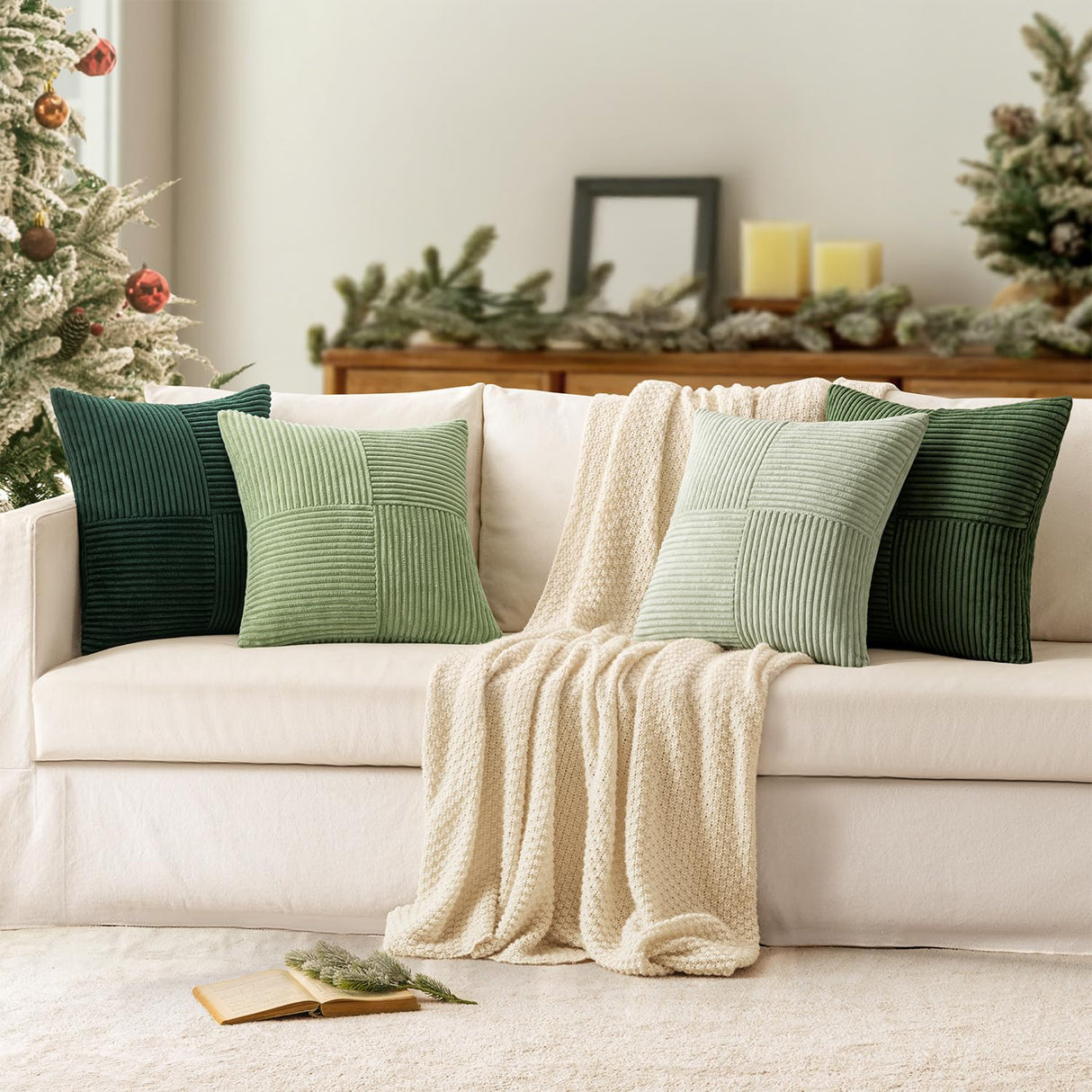 MIULEE Christmas Green Decorative Throw Pillow Covers 20x20 Inch Set of 4 Boho Farmhouse Cushion Covers Mordern Nordic Pillow Cases Soft Corduroy Gradient Home Decor for Couch Sofa Living Room Bed